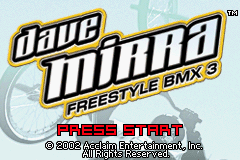 Dave Mirra Freestyle BMX 3 title screen for GameBoy Advance